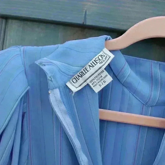 Vintage 80s Sheer Dress Blue Puffy Sleeve Pleated Size Small 4 5 6 - Picture 7 of 7